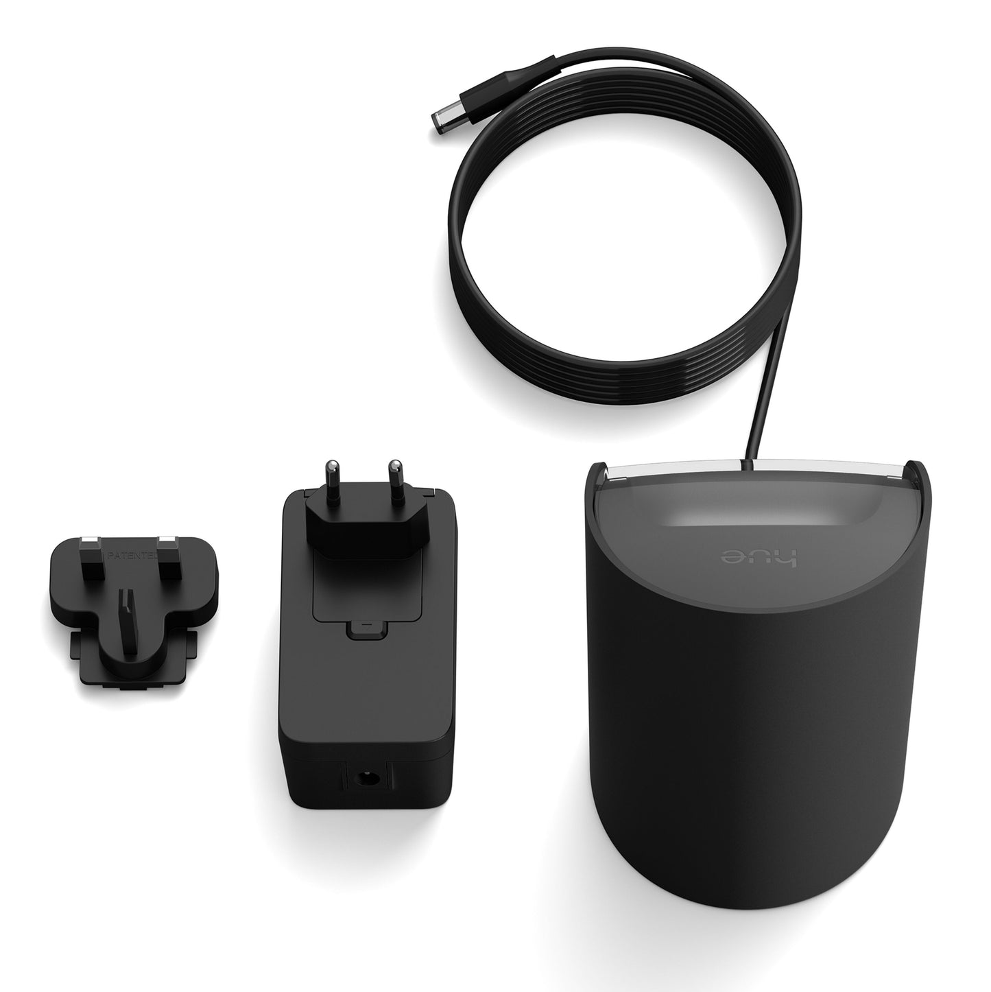 Philips Hue Spil Wall Washer vægbelysning sort med buet top, opladerkabel, strømadapter og monteringsbeslag.