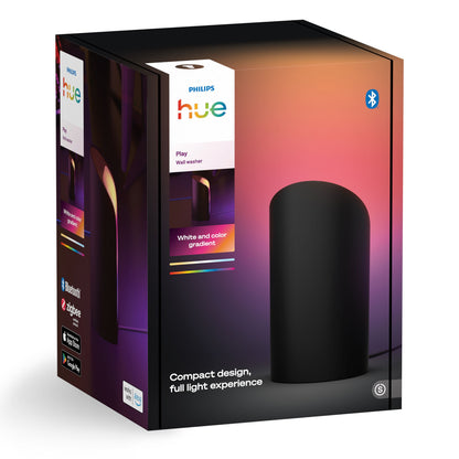 Philips Hue Spil Wall Washer vægbelysning sort, kompakt design, farvet lys, Bluetooth vises i original emballage.
