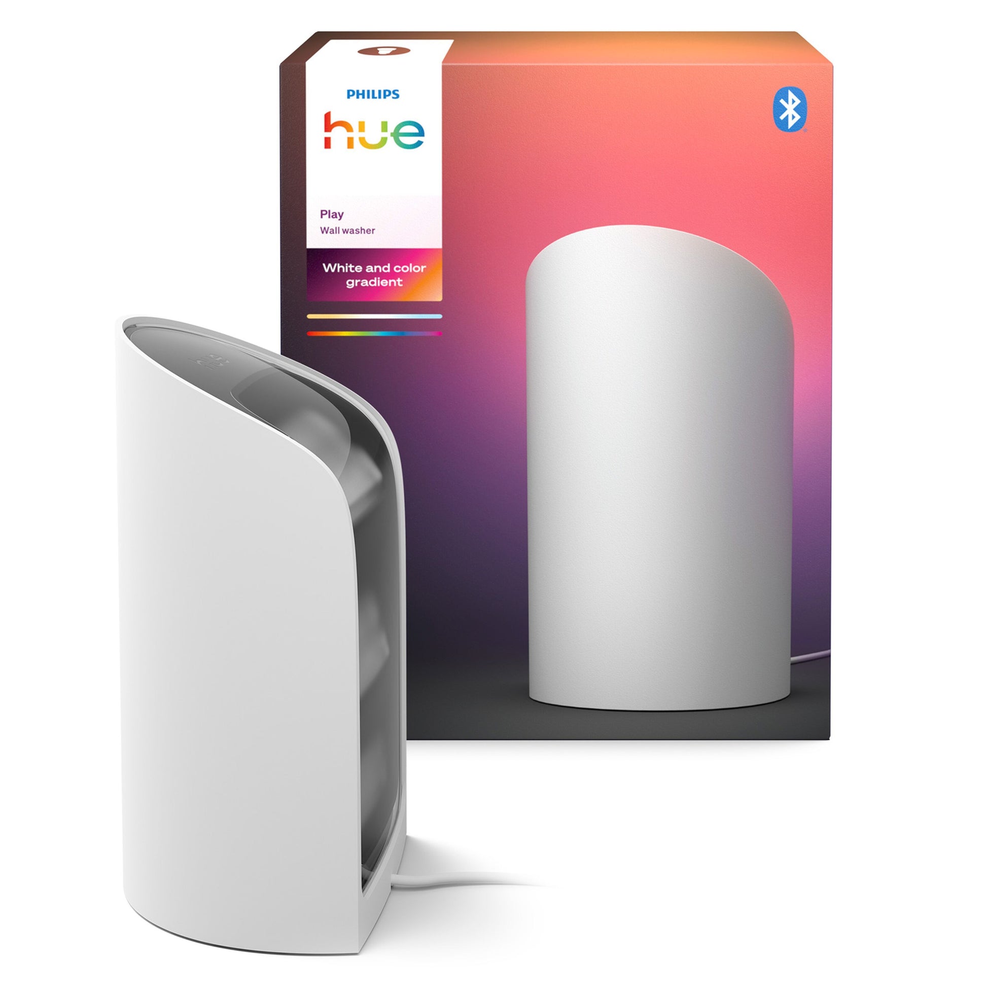 Philips Hue Spil Wall Washer vægbelysning hvid foran emballage med Philips Hue-logo og Bluetooth-symbol.