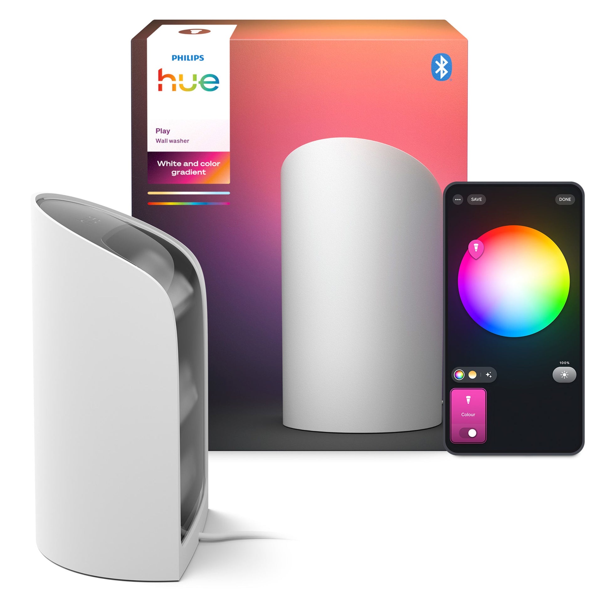 Philips Hue Spil Wall Washer vægbelysning hvid med farverig æske og smartphone med Hue-appens farvevalg vises.