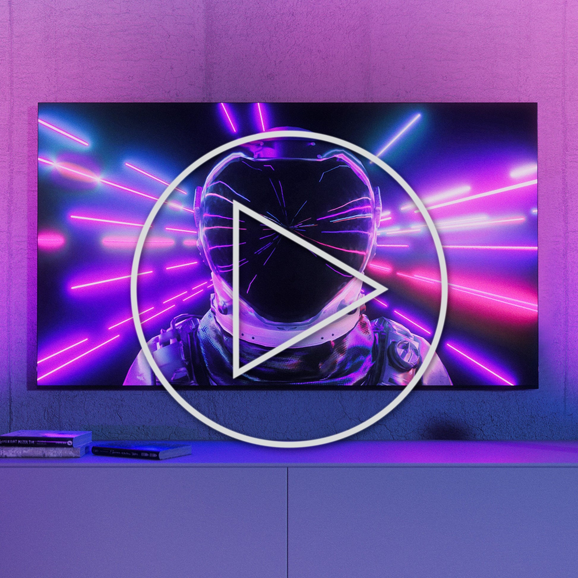 Philips Hue Spil Wall Washer Vægbelysning Hvid synkroniserer med film og musik, lilla/lyserød neon baggrund.