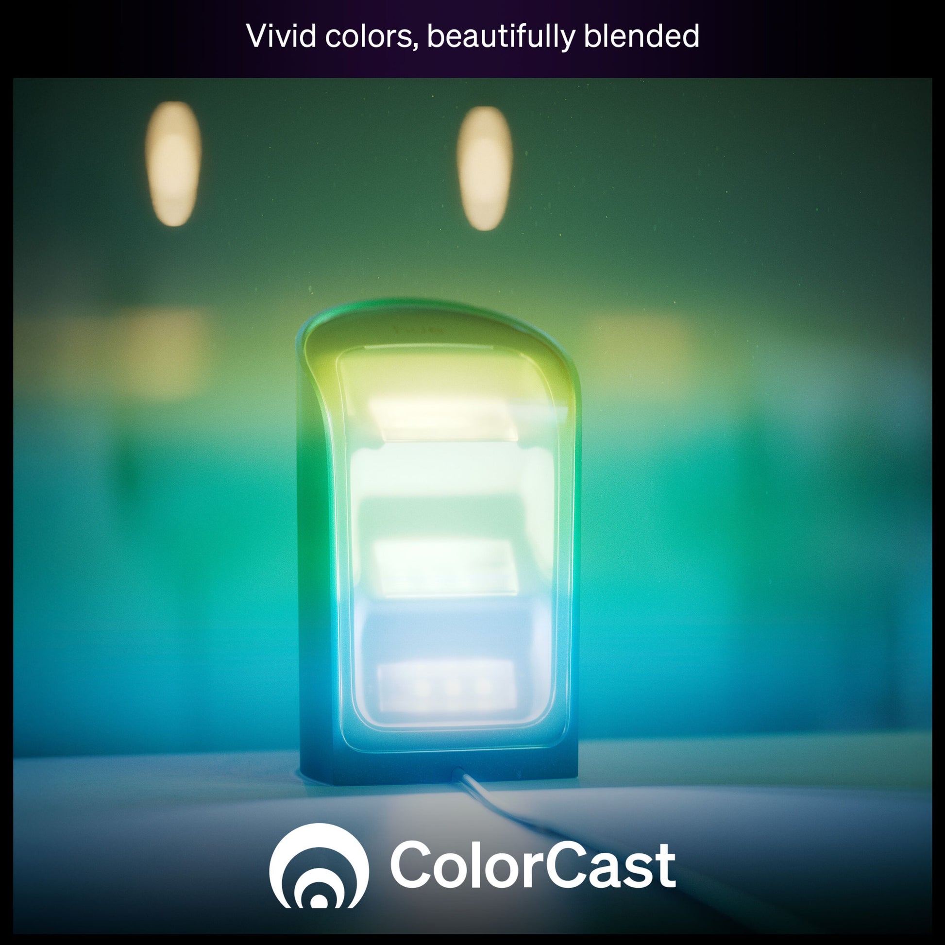 Philips Hue Spil Wall Washer vægbelysning hvid lyser blå, grøn, gul, tekst: ColorCast og rundt logo.