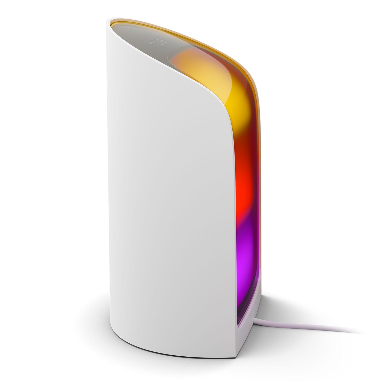 Philips Hue Spil Wall Washer vægbelysning, hvid, buet design, lyser gult, orange og lilla indefra, bagsideledning.
