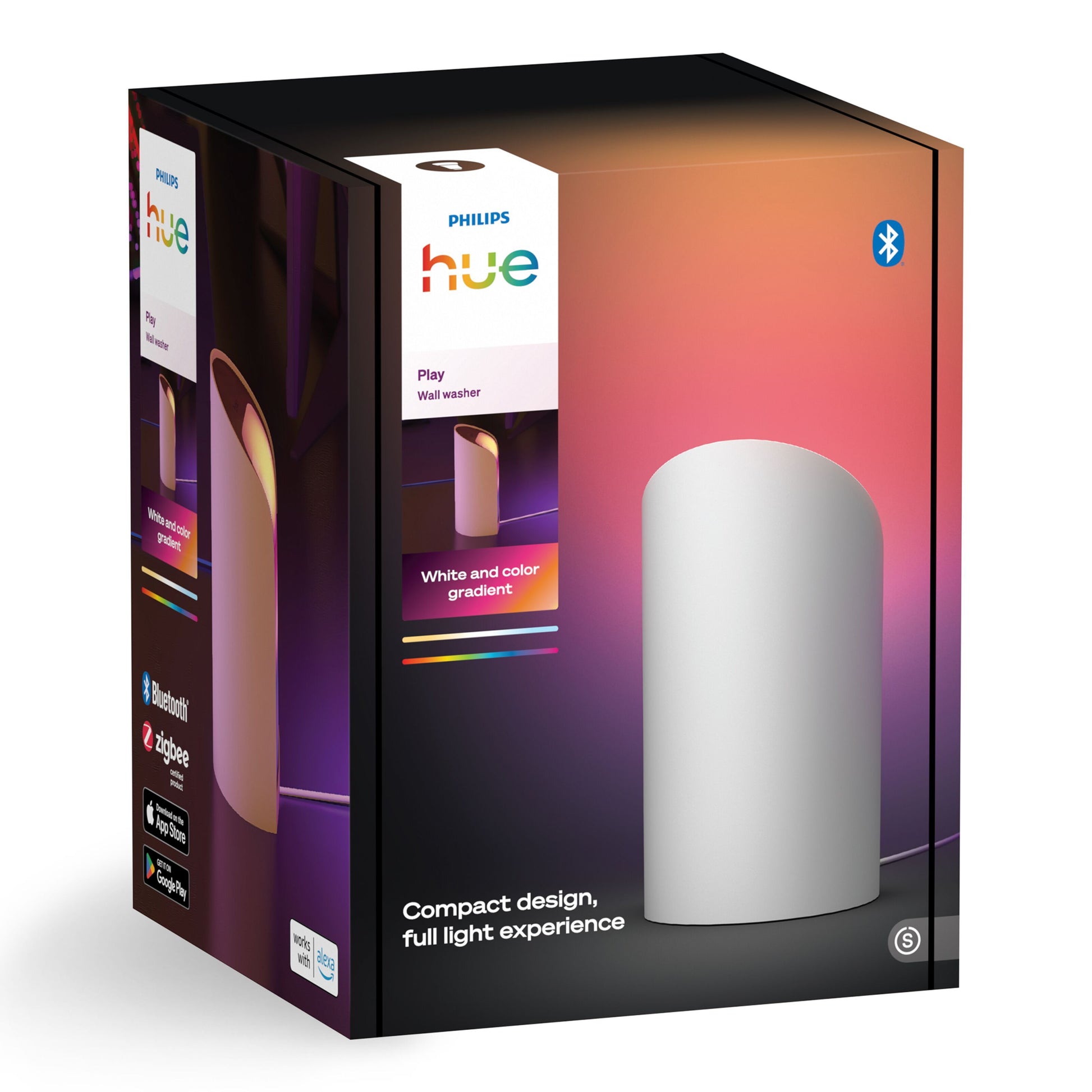 Philips Hue Spil Wall Washer vægbelysning hvid i æske med logo, Bluetooth- og Zigbee-ikoner, hvid/gradient lys.