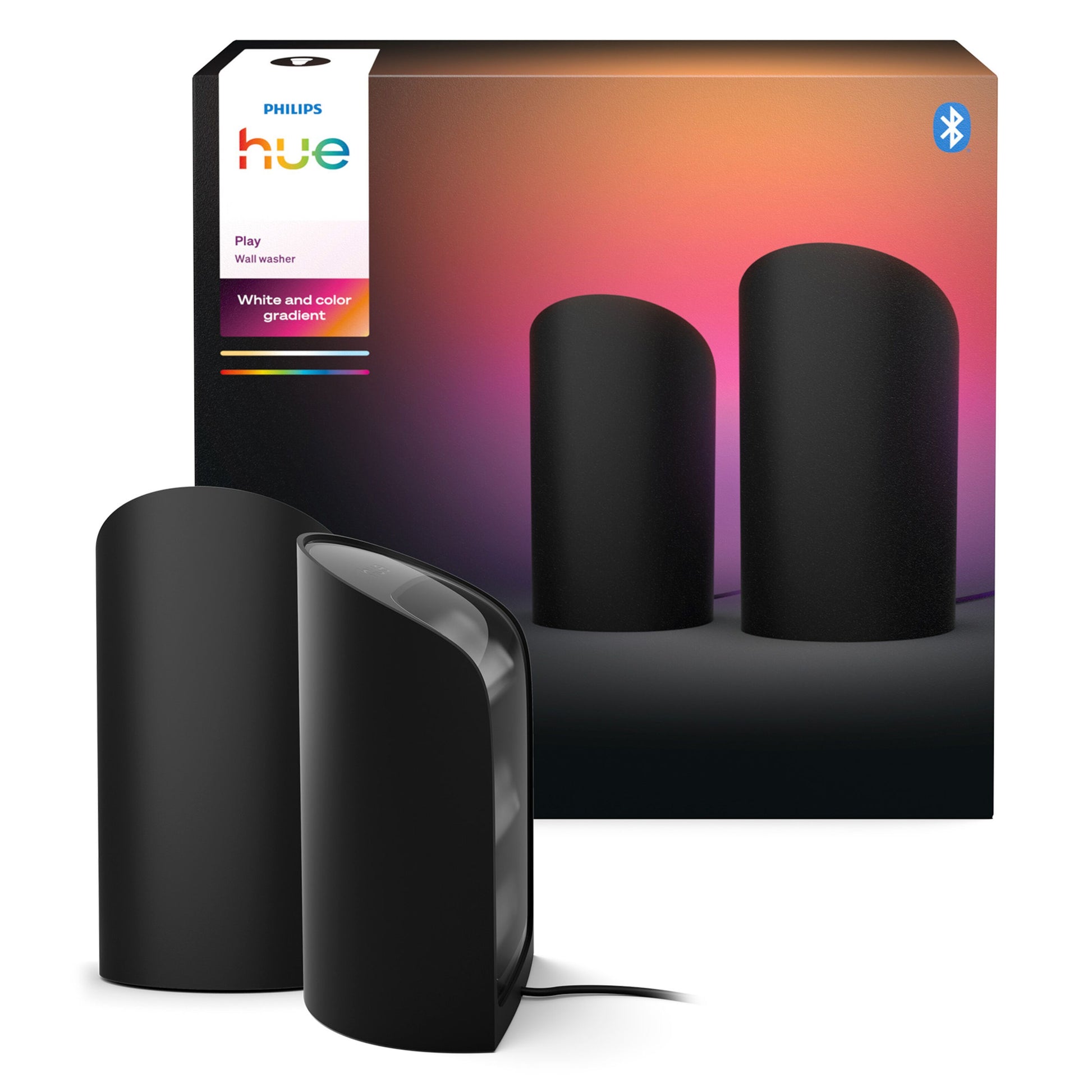 Philips Hue Spil Wall Washer væglampe 2-pak sort, synlig kasse og logo, lyser hvidt og i farver til TV-væg.