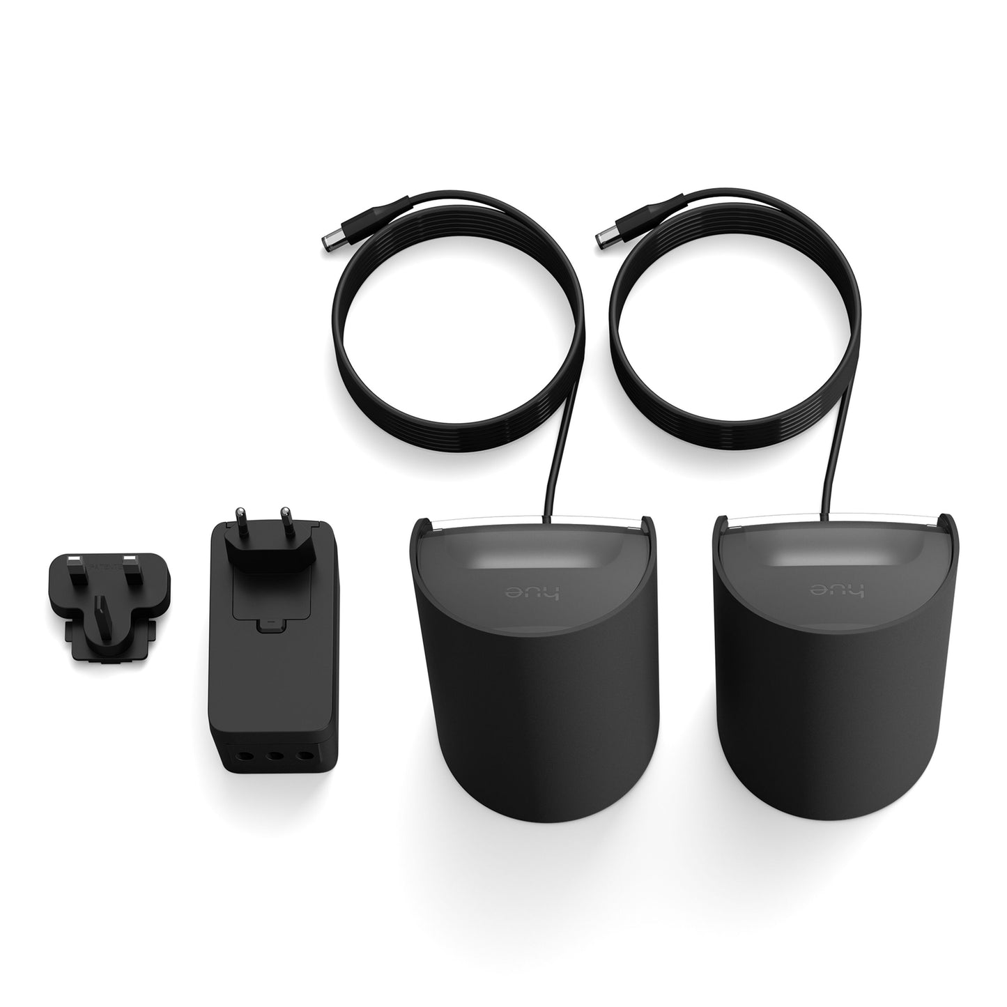 Philips Hue Spil Wall Washer væglampe 2-pakke sort med USB-kabler, strøm- og stikadapter til tv-vægbelysning.