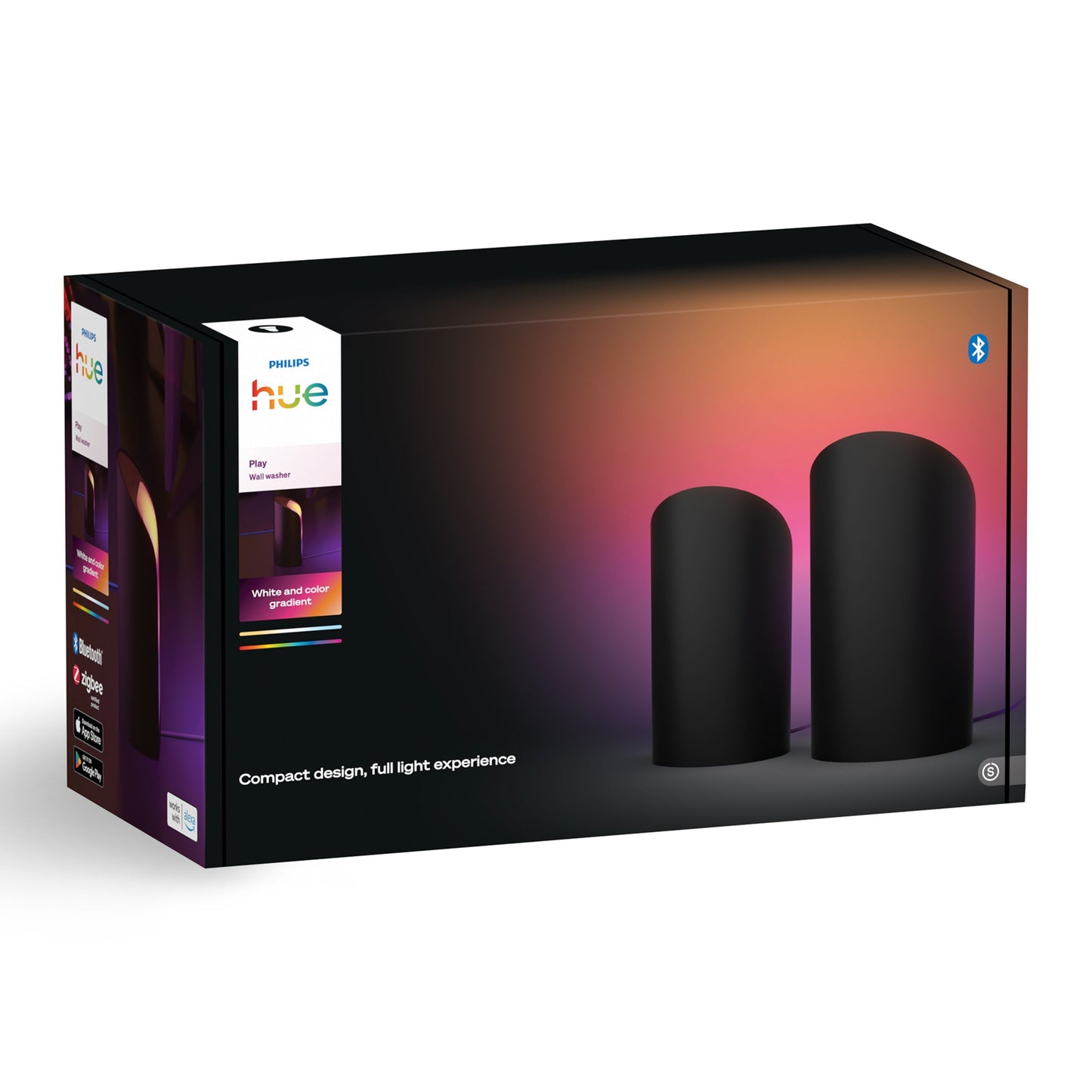 Philips Hue Spil Wall Washer væglampe 2-pakke, sort, Bluetooth, synlige sorte lamper på farvet baggrund.