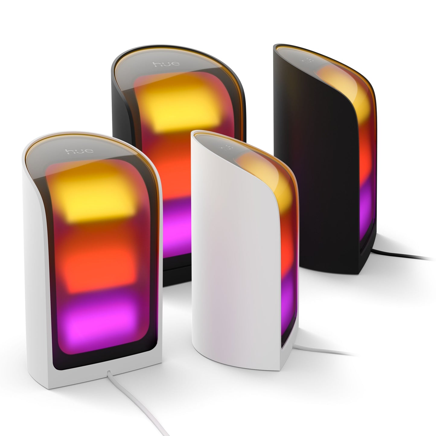 Philips Hue Spil Wall Washer væglampe, sort, 2-pak, farvegradient i gul/orange/rød/lilla, står opret med strømledning.