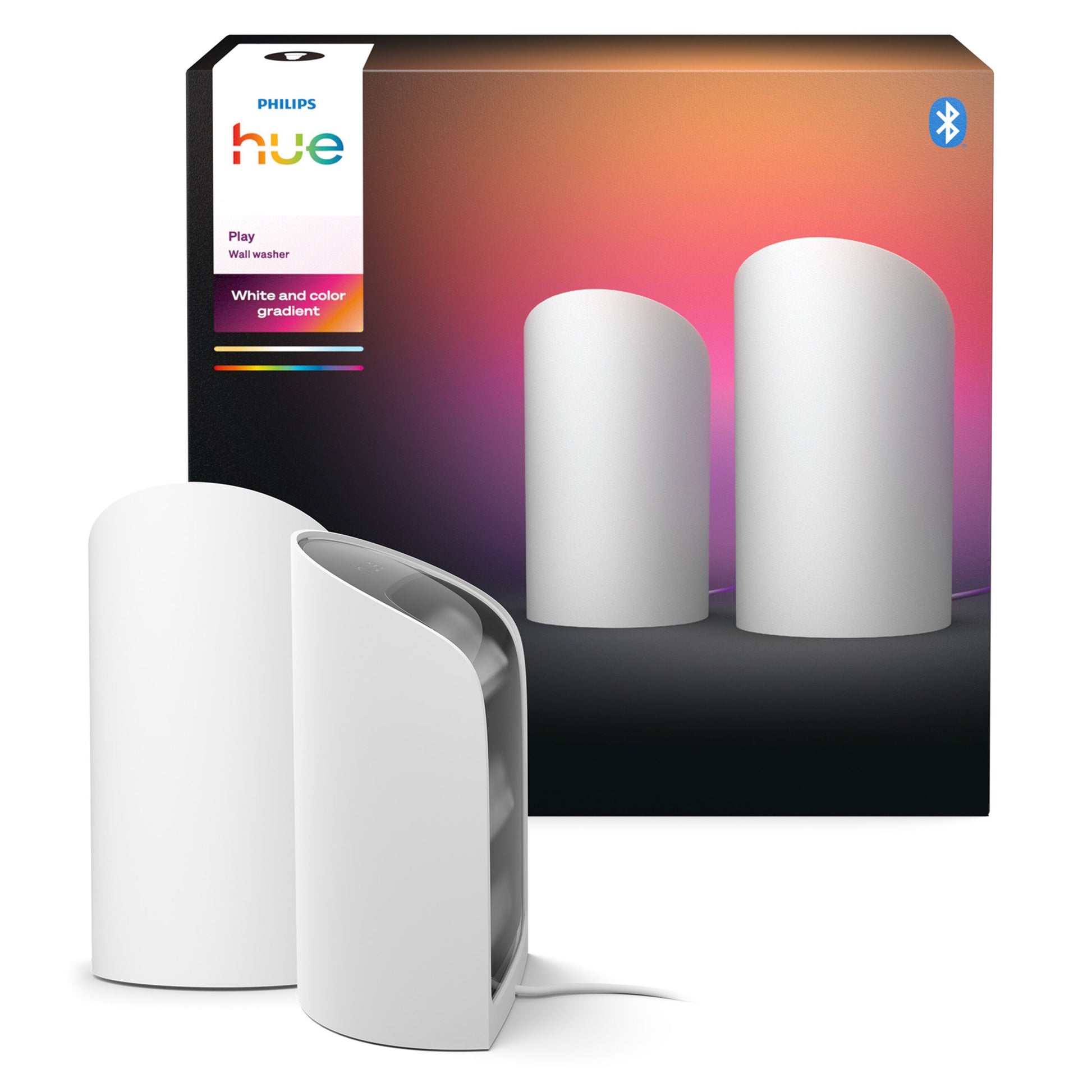 Philips Hue Spil Wall Washer vægbelysning 2-pak hvid med gradient-emballage, Bluetooth, justerbart hvidt og farvet lys.