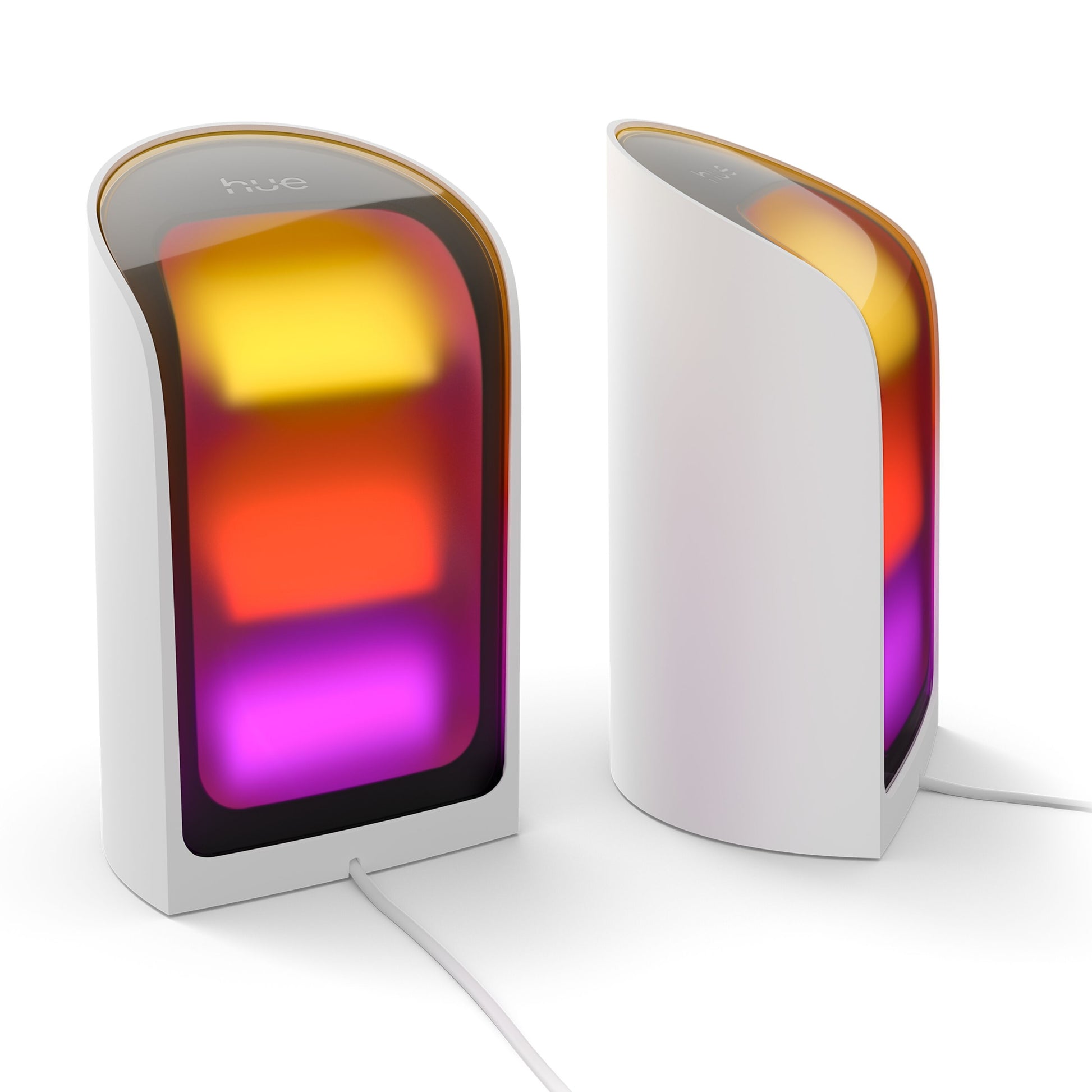 Philips Hue Spil Wall Washer Vægbelysning, hvid, 2-pak, synlige hvide strømkabler, farvegradient orange/gul/rød/lilla.