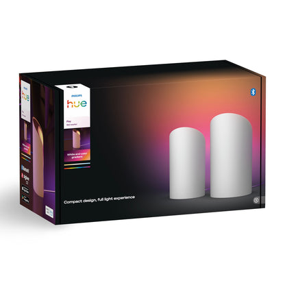Philips Hue Spil Wall Washer Vægbelysning 2-pak Hvid, to lysbarer med gradienteffekt, Bluetooth-logo på æsken.