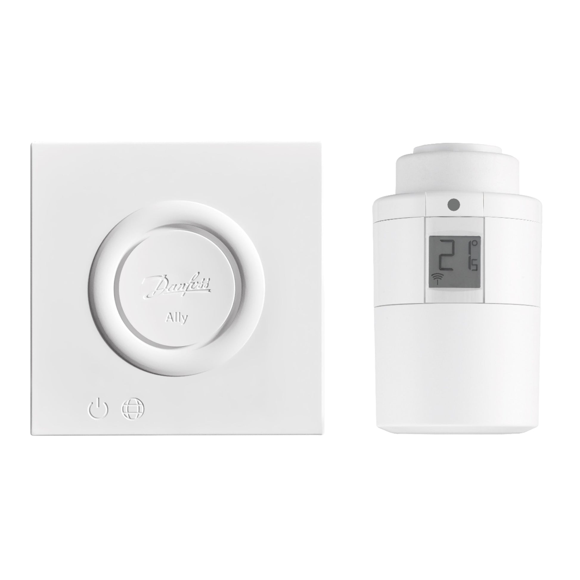Danfoss Ally startpakke, hvid radiatortermostat med digital ventil og LCD-display, viser 21°C.