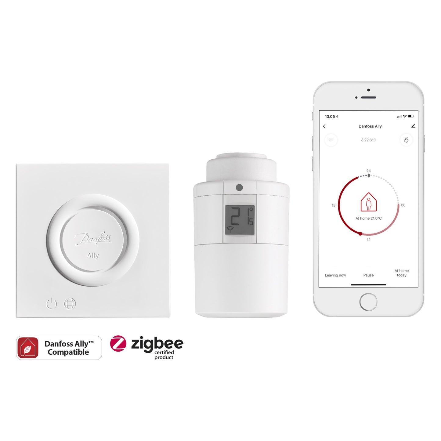 Danfoss Ally Startpakke radiatortermostat med appstyring via smartphone og Zigbee, hvid.