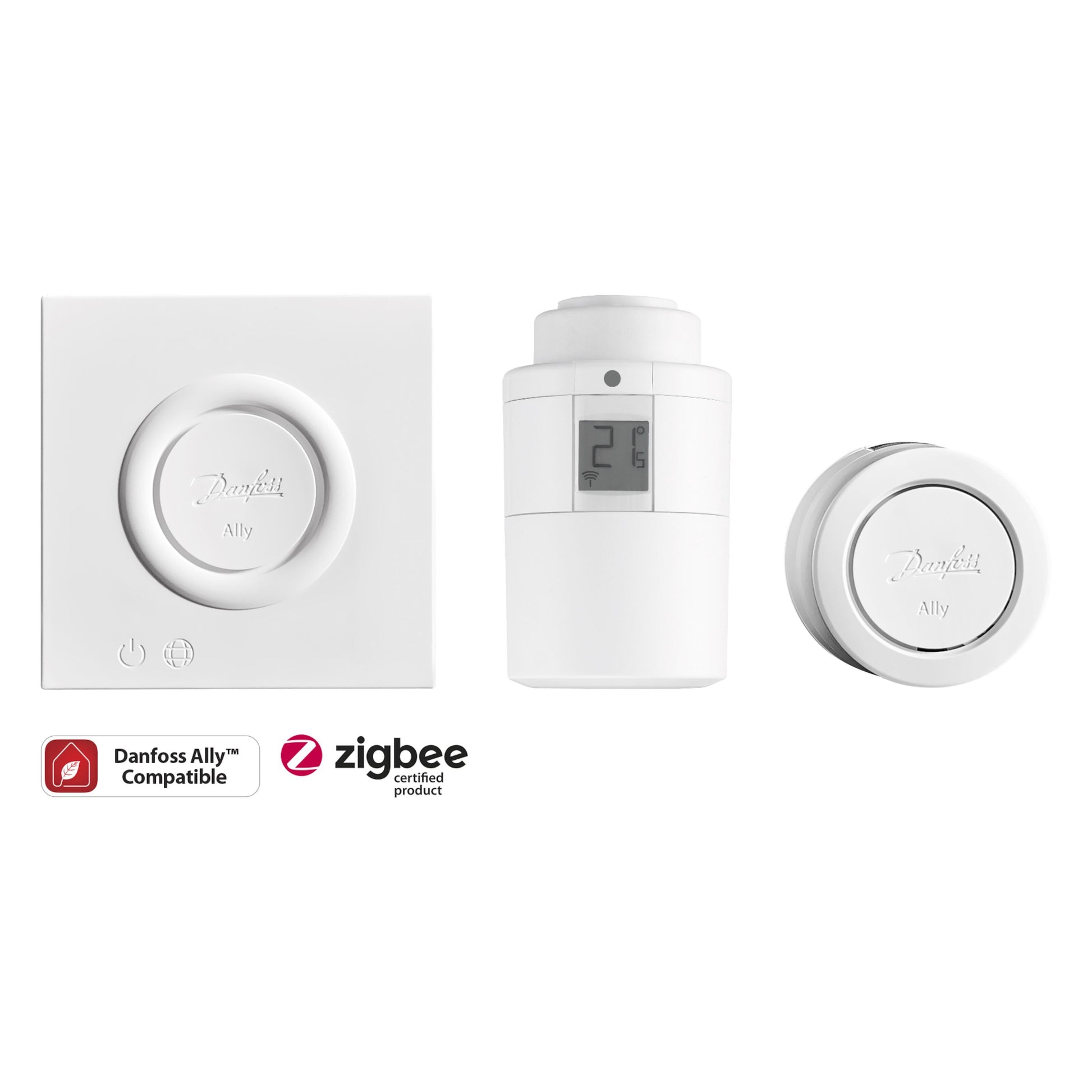 Danfoss Ally Startpakke med vægtermostat, radiatortermostat 21°C, sensor samt Danfoss- og Zigbee-logoer.
