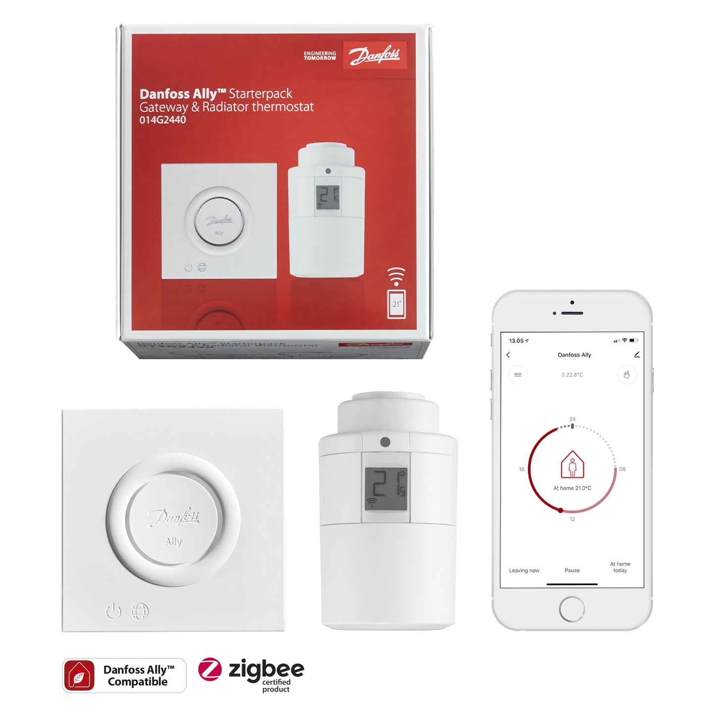 Danfoss Ally startpakke radiatortermostat med gateway, termostat, produktæske og app, Zigbee kompatibel.