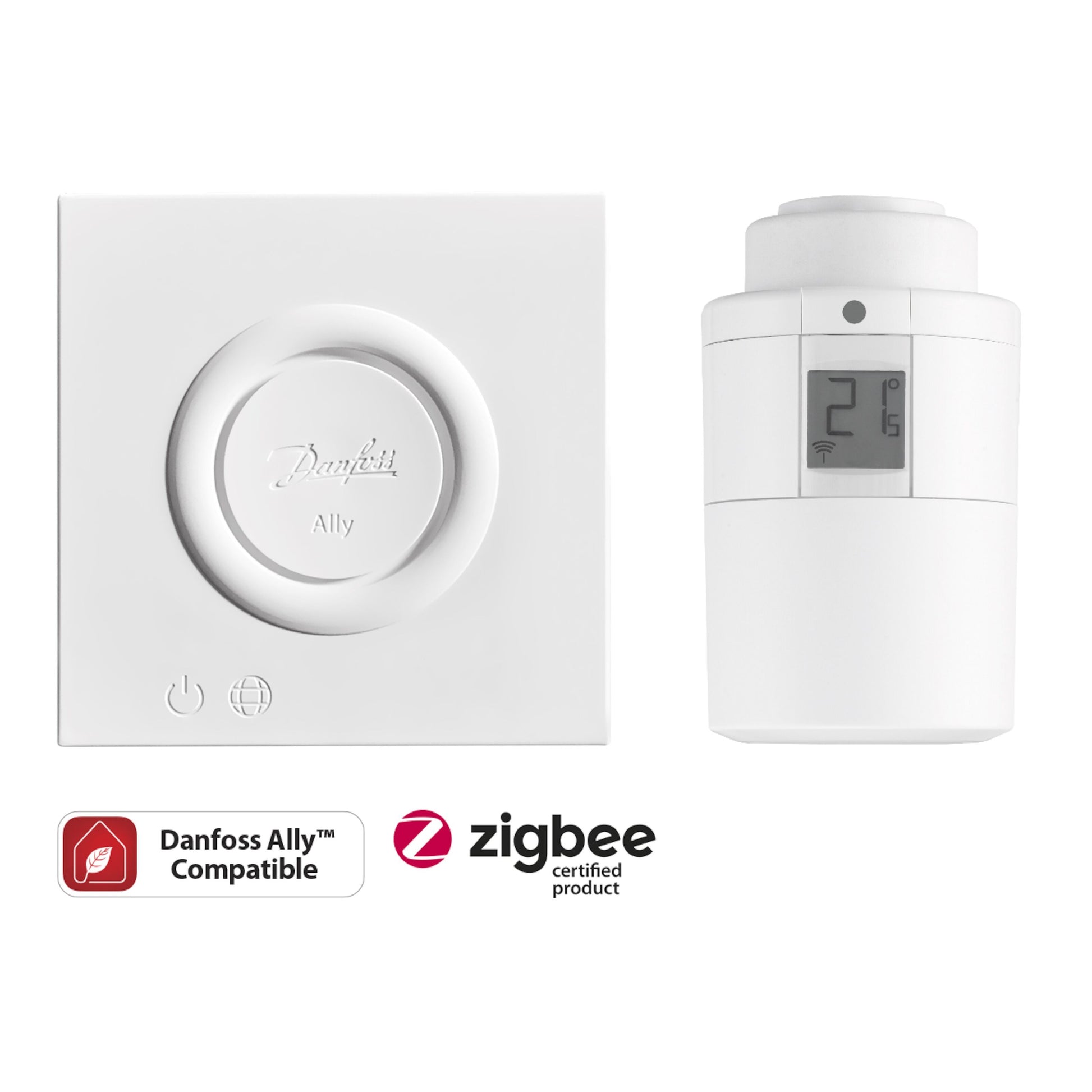 Danfoss Ally Startpakke radiatortermostat, Zigbee-logo, display viser 21, Danfoss Ally kompatibel.