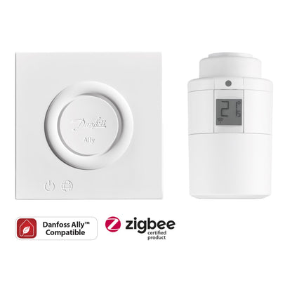 Danfoss Ally Startpakke radiatortermostat, Zigbee-logo, display viser 21, Danfoss Ally kompatibel.