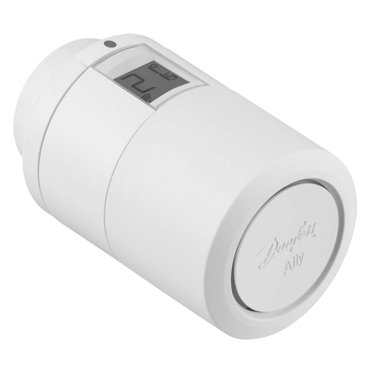 Danfoss Ally radiatortermostat med digitalt display til temperaturstyring, Danfoss-logo præget på fronten.