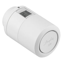Danfoss Ally radiatortermostat med digitalt display til temperaturstyring, Danfoss-logo præget på fronten.
