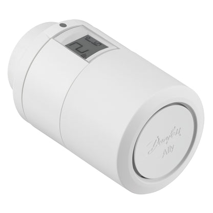 Danfoss Ally radiatortermostat med digitalt display til temperaturstyring, Danfoss-logo præget på fronten.