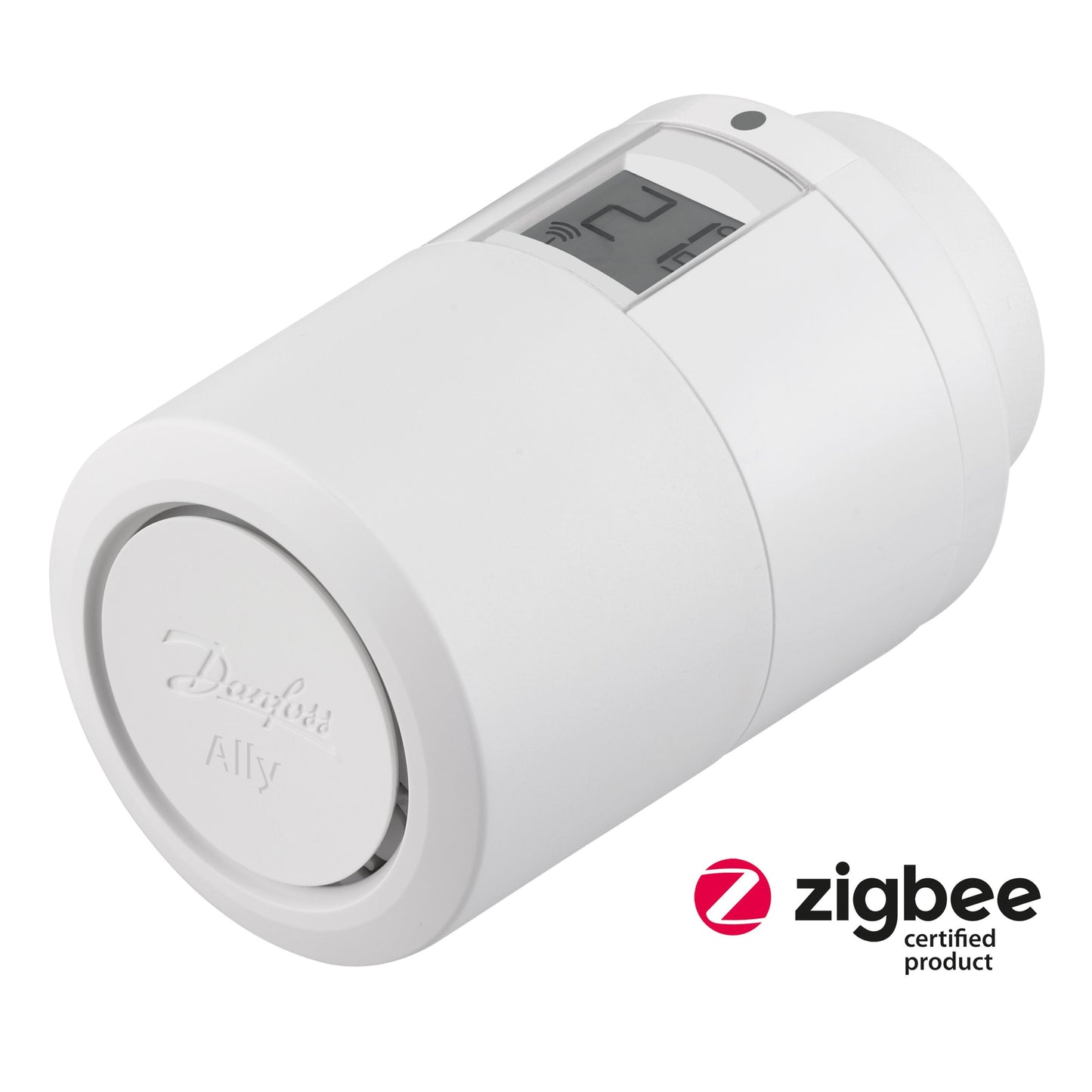 Danfoss Ally radiatortermostat med digitalt display på 21°C og Zigbee Certified Product logo.