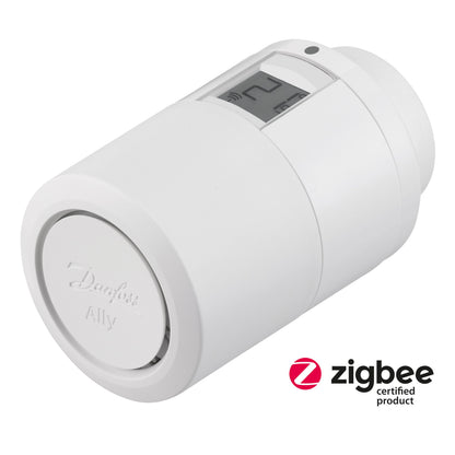 Danfoss Ally radiatortermostat med digitalt display på 21°C og Zigbee Certified Product logo.