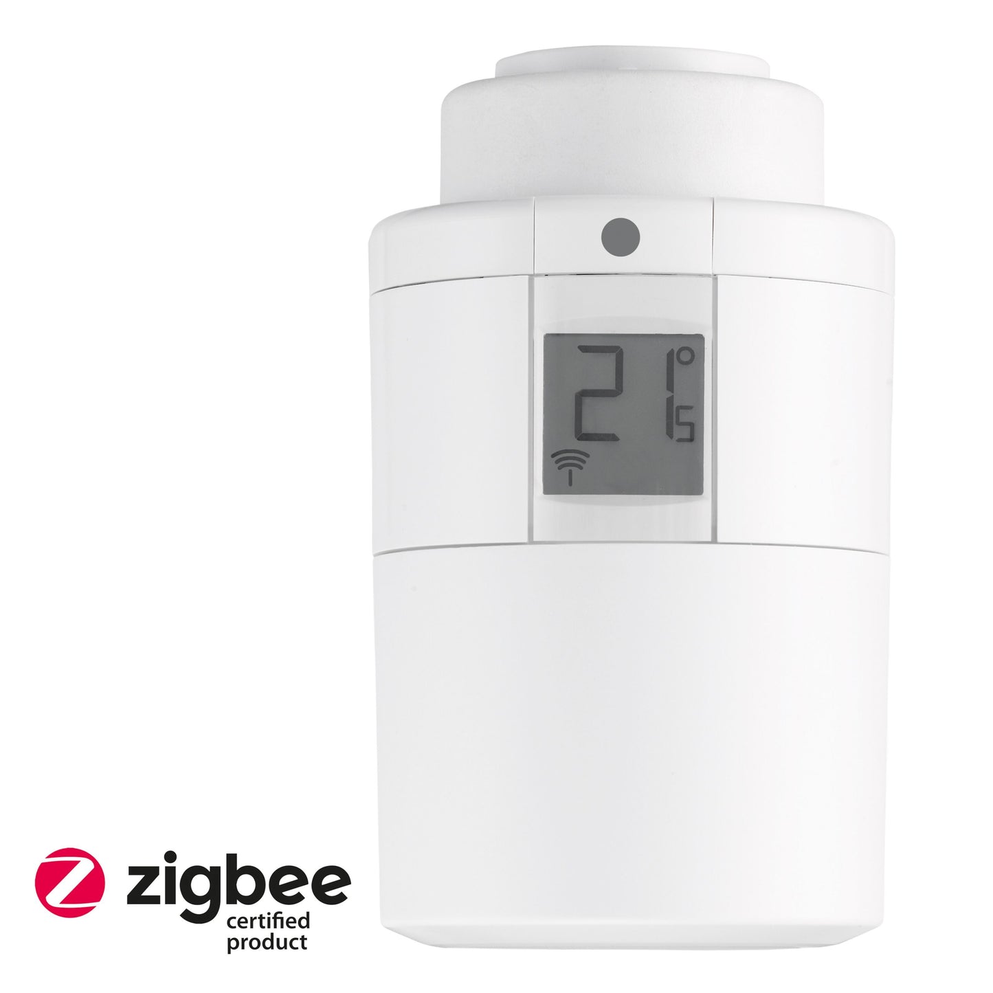 Danfoss Ally radiatortermostat, Zigbee-certificeret, hvid, LCD-display med 21°C og trådløst ikon.
