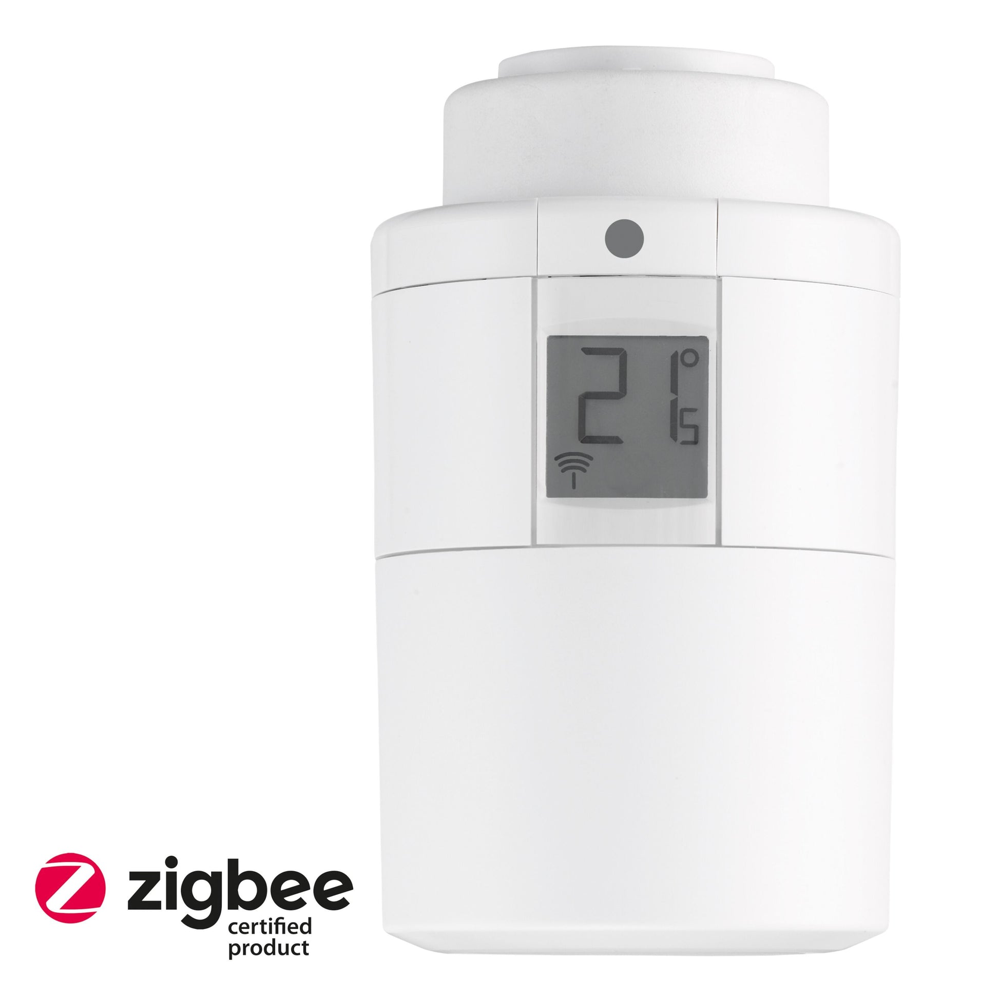 Danfoss Ally radiatortermostat, Zigbee-certificeret, hvid, LCD-display med 21°C og trådløst ikon.