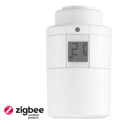 Danfoss Ally radiatortermostat, Zigbee-certificeret, hvid, LCD-display med 21°C og trådløst ikon.