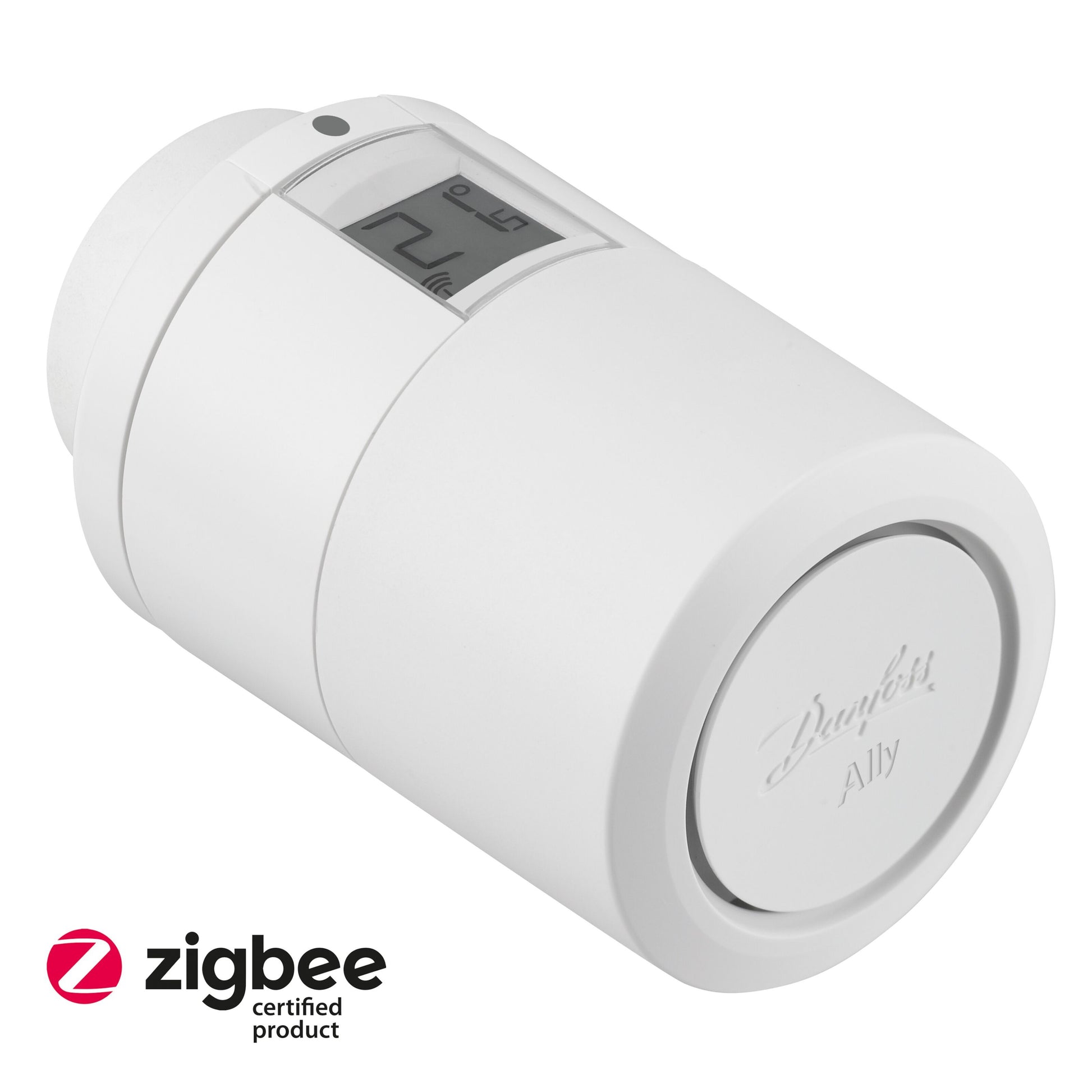 Danfoss Ally Radiatortermostat med kompakt digitalt display og Zigbee-certificeret styring til smart home varme.
