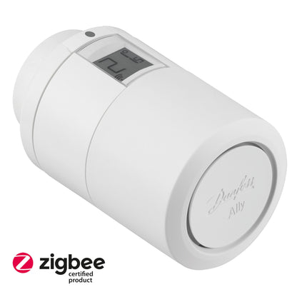 Danfoss Ally Radiatortermostat med kompakt digitalt display og Zigbee-certificeret styring til smart home varme.