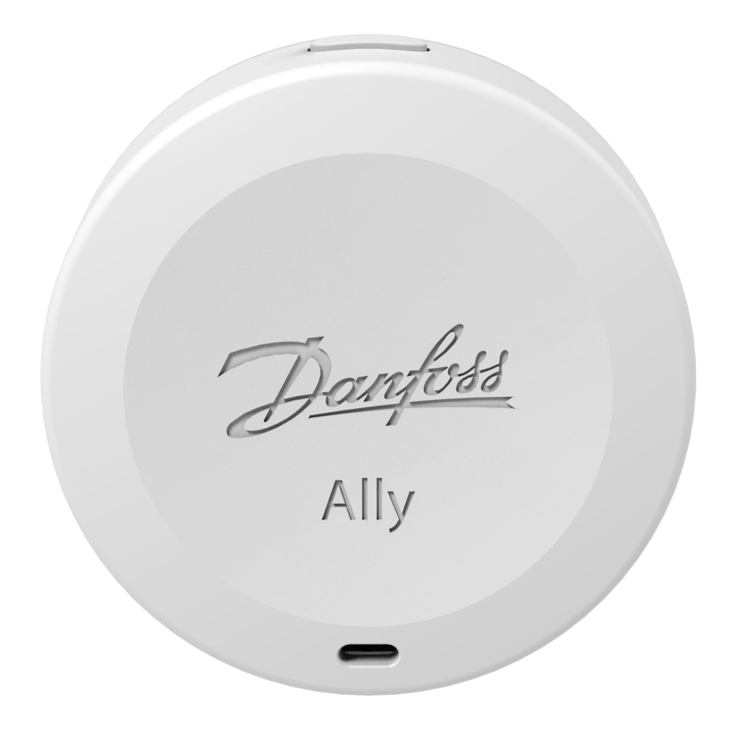 Danfoss Ally temperatur- og fugtsensor rund hvid med grå "Danfoss" og "Ally" tekst på fronten.