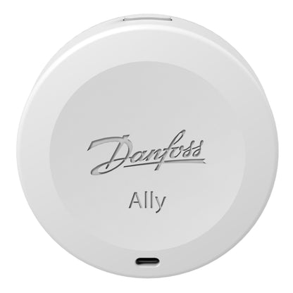 Danfoss Ally temperatur- og fugtsensor rund hvid med grå "Danfoss" og "Ally" tekst på fronten.