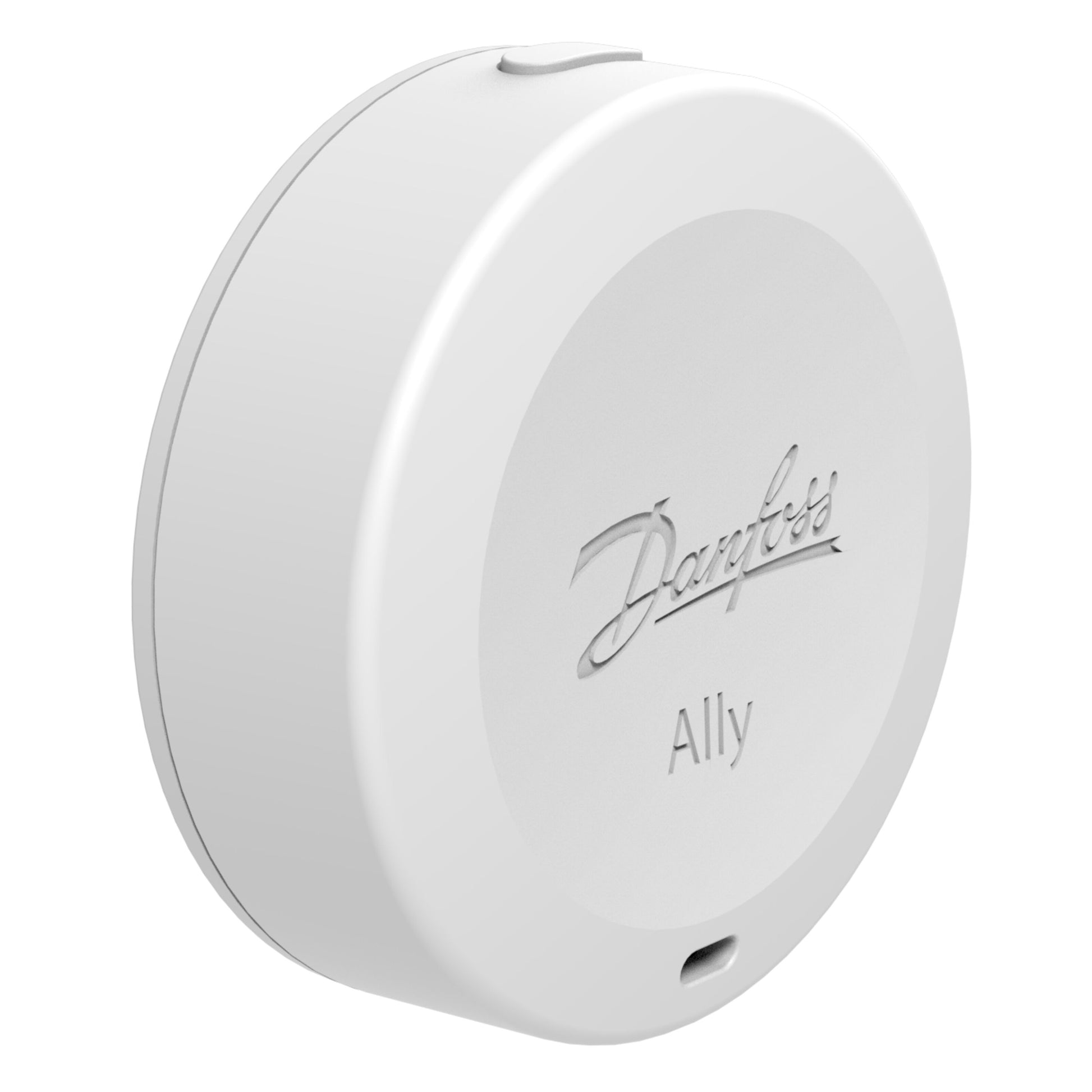 Danfoss Ally temperatur- og fugtsensor, rund, logo foran, lille port i bunden, knap på øverste kant.