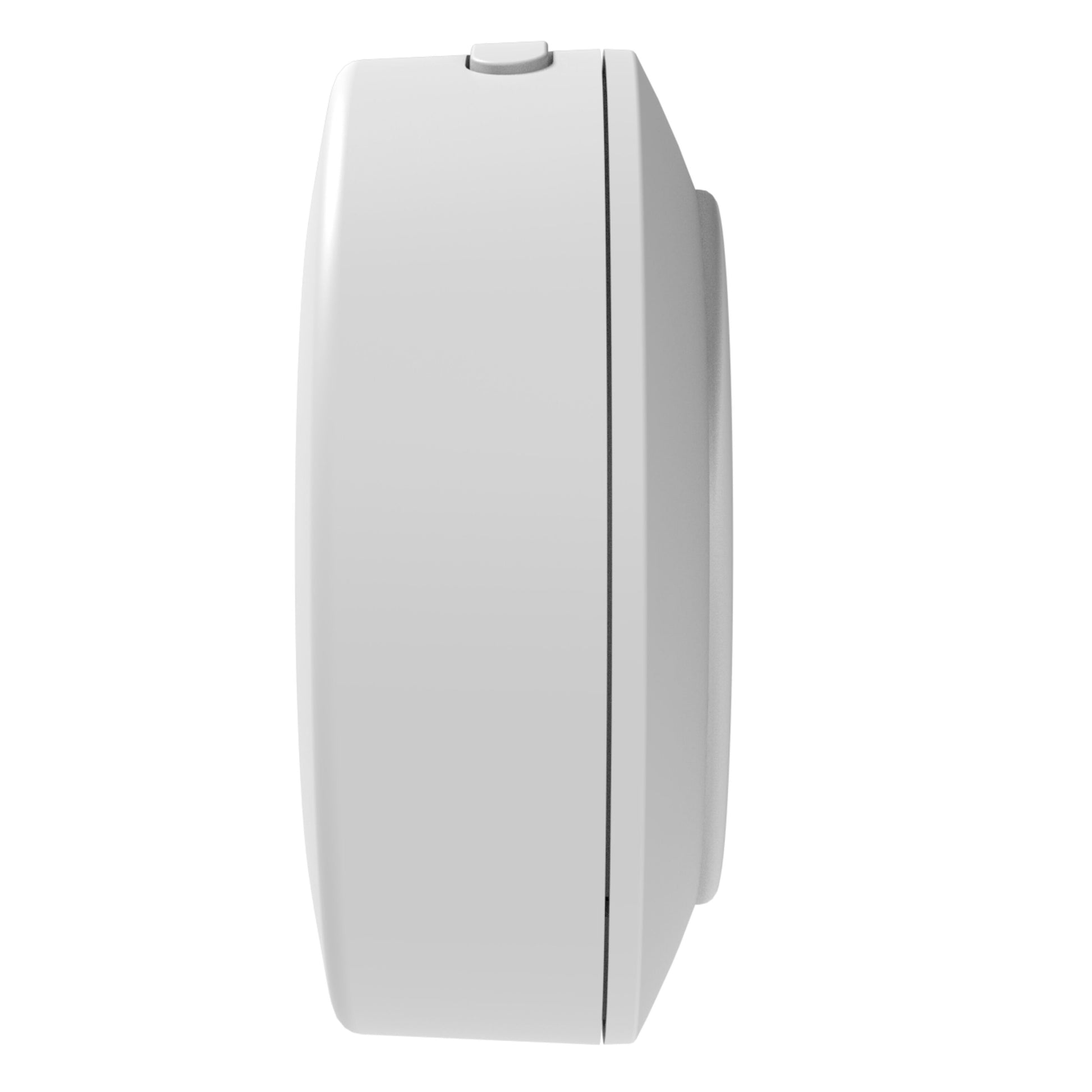 Sidevisning af Danfoss Ally temperatur- og fugtsensor, kompakt rundt design med topknap.