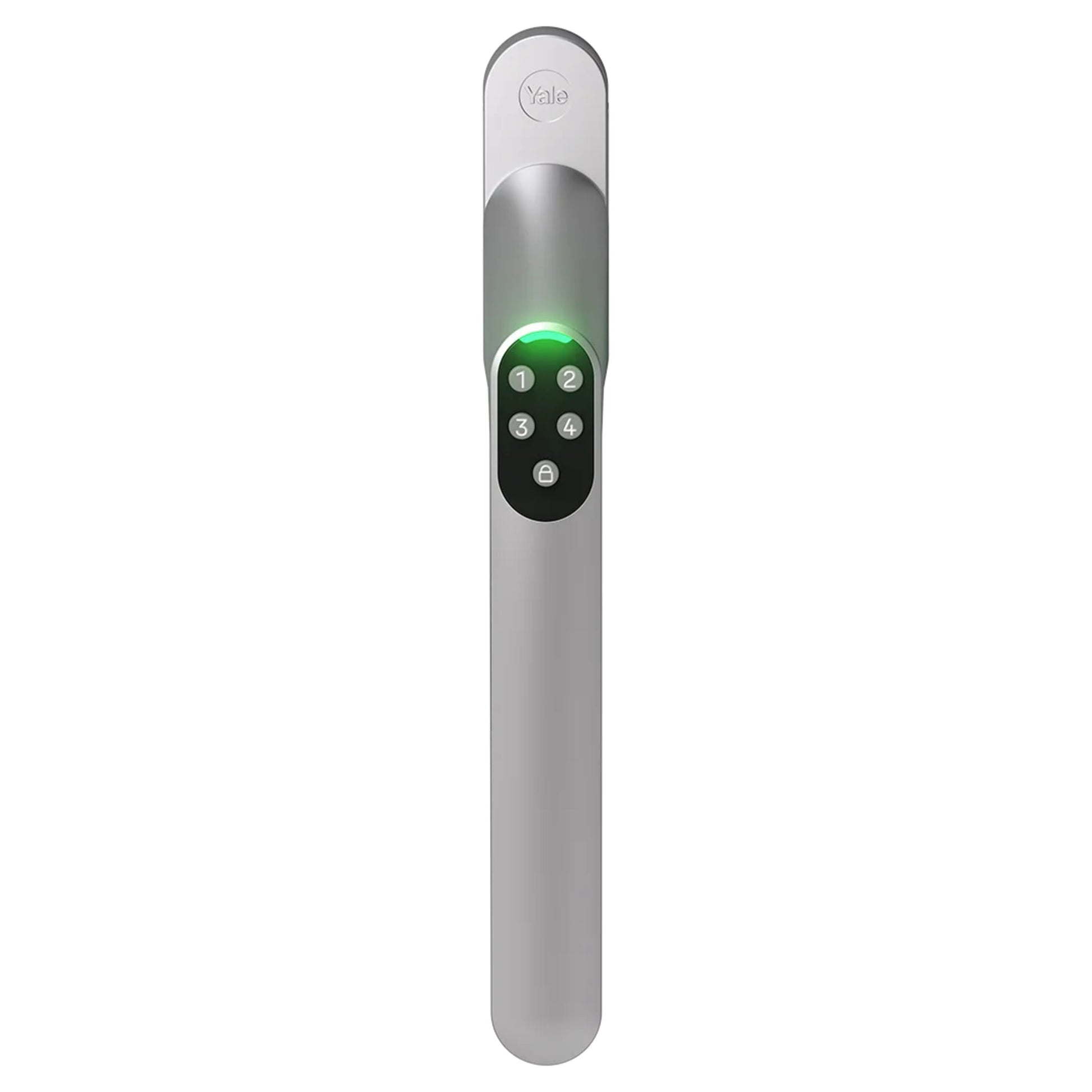 Yale Smart Code Handle Lige, sølvgreb med sort kodepanel, grøn indikatorlampe, PIN-funktion, Yale logo øverst.
