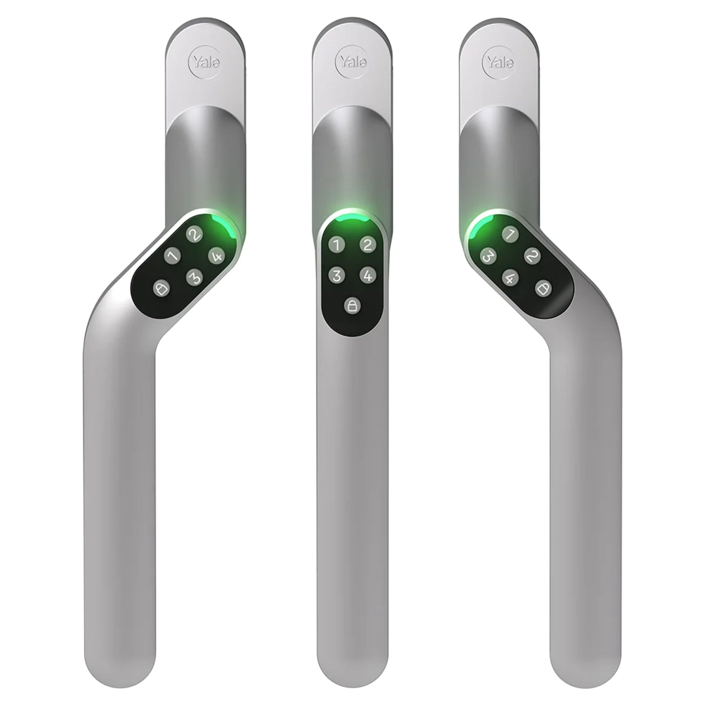 Yale Smart Code Handle venstrehåndet, tre stk med sort tastatur og grøn belysning, vertikal placering.