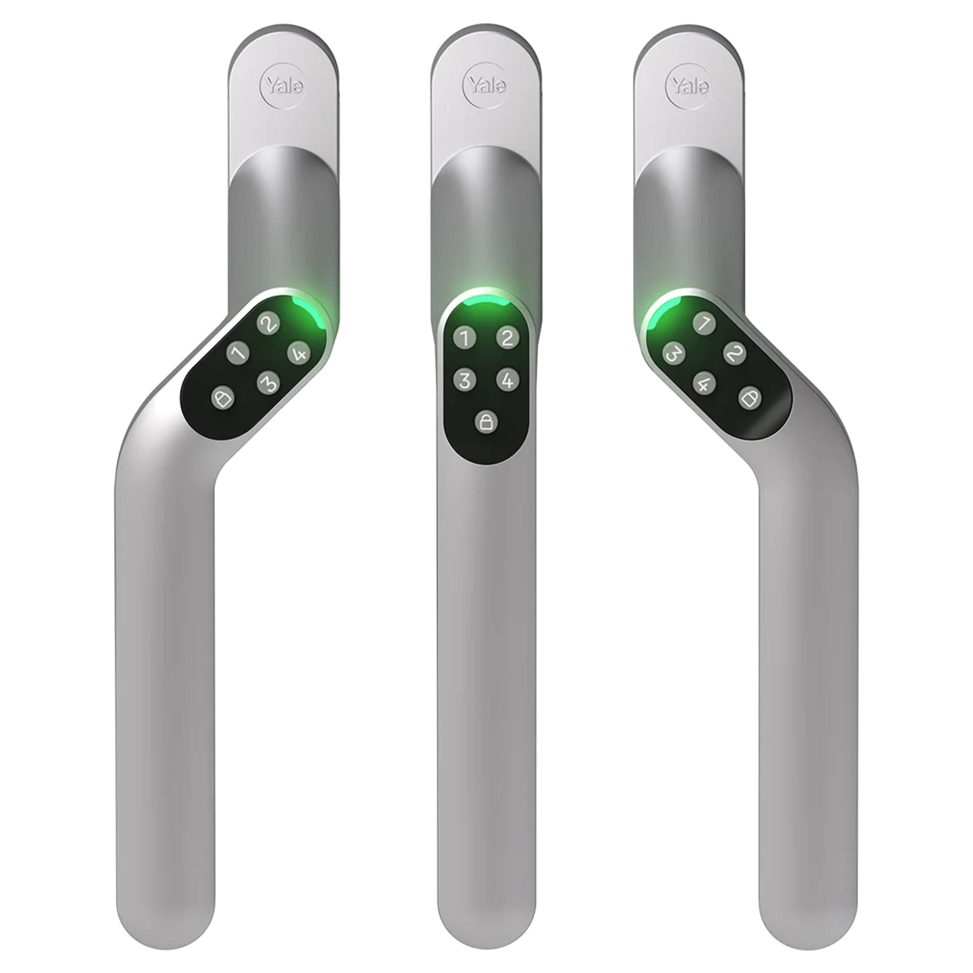 Yale Smart Code Handle venstrehåndet, tre stk med sort tastatur og grøn belysning, vertikal placering.