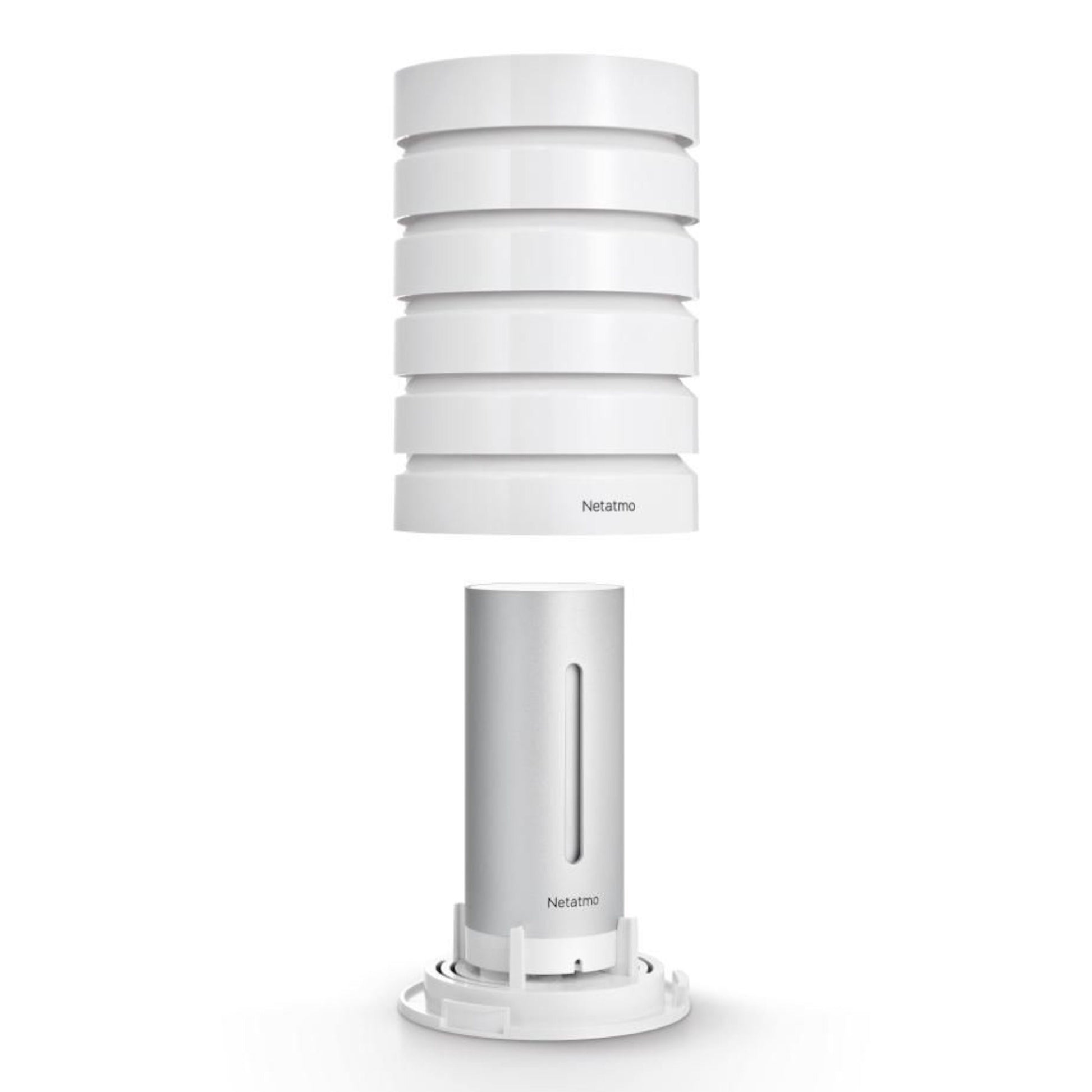 Netatmo vejrstation skjold 1-pakke, hvid skærm over sølvbund med Netatmo-logo, UV-beskyttelse til udendørs modul.