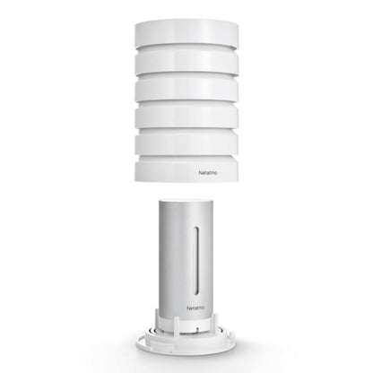 Netatmo vejrstation skjold 1-pakke, hvid skærm over sølvbund med Netatmo-logo, UV-beskyttelse til udendørs modul.