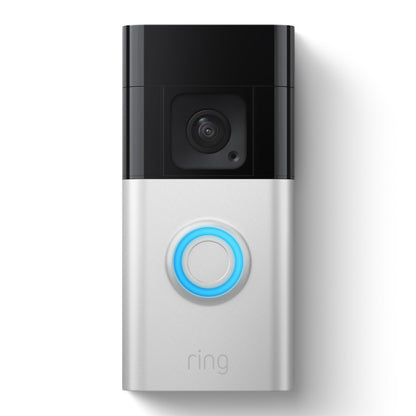 Ring Batteridørklokke Plus videodørklokke, sølv/sort, topkamera, oplyst blå midterknap, farvenatsyn.
