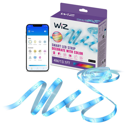 WiZ Smart RGB LED-strip 4m blå lys, dæmpbar, kasse med "Decorate with Color", styring via WiZ-app på smartphone.