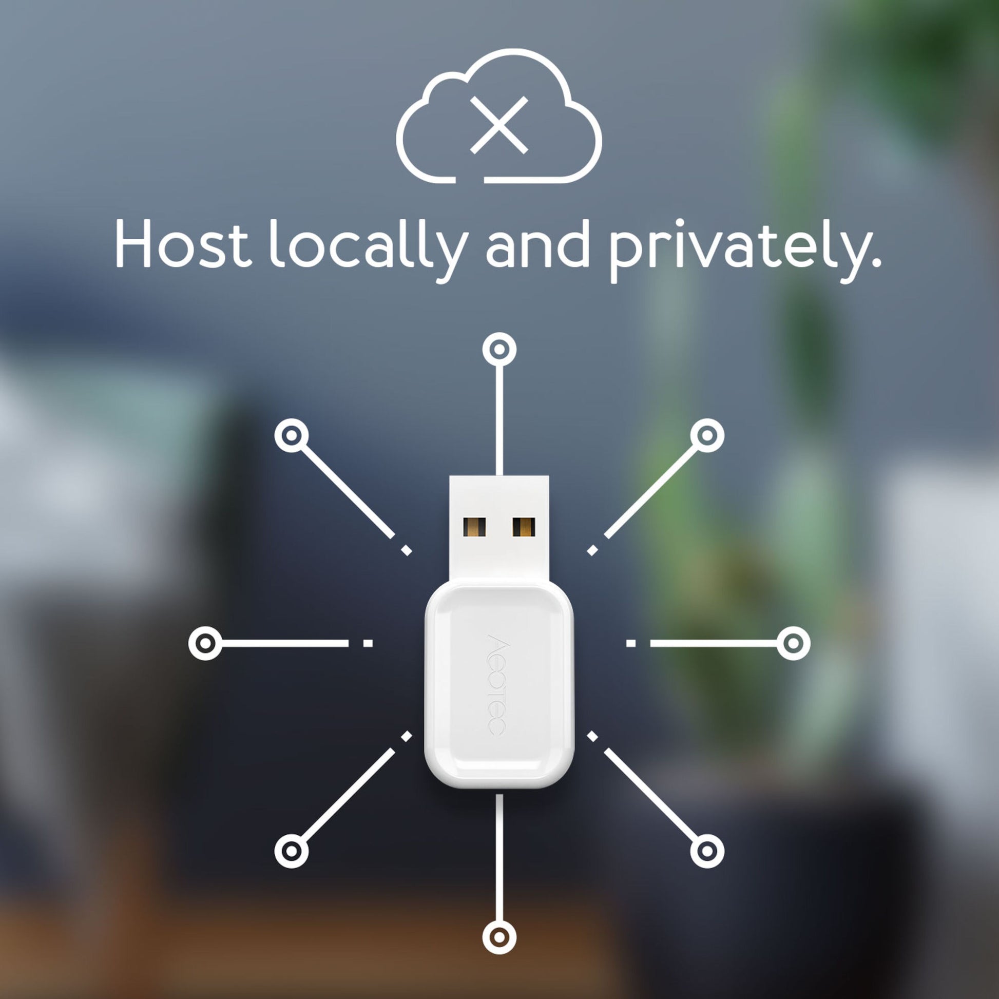 Aeotec Z-Stick Gen7 USB-adapter med cirkler omkring og overstreget sky-ikon til lokal hosting og privat smart home.