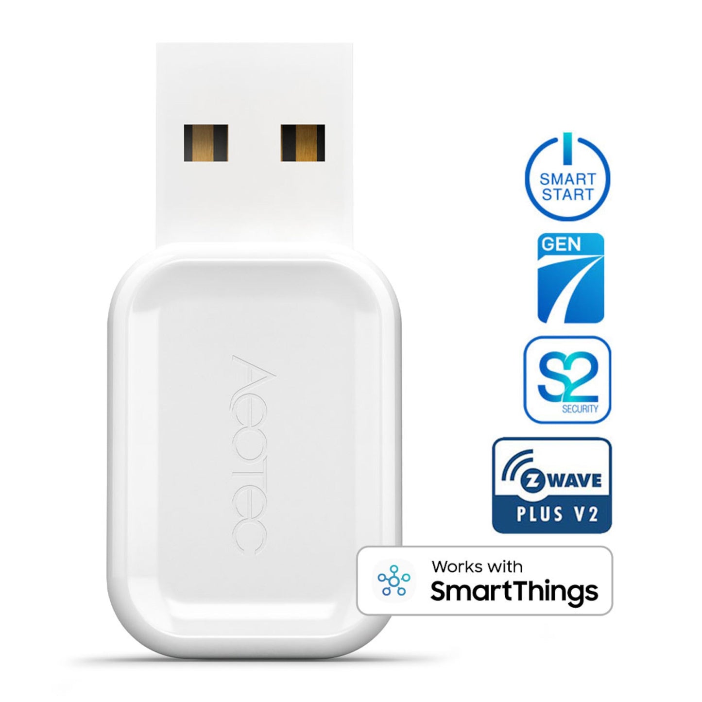 Aeotec Z-Stick Gen7 USB-adapter med Smart Start, Gen7, S2, Z-Wave Plus V2 og SmartThings-logoer.