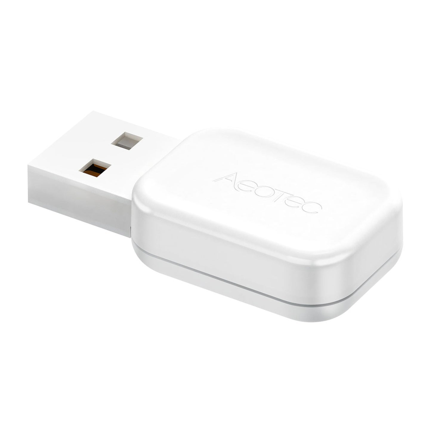 Aeotec Z-Stick gen 7 USB-adapter, hvid, rektangulær med afrundede kanter og Aeotec-logo, Z-Wave-hub.