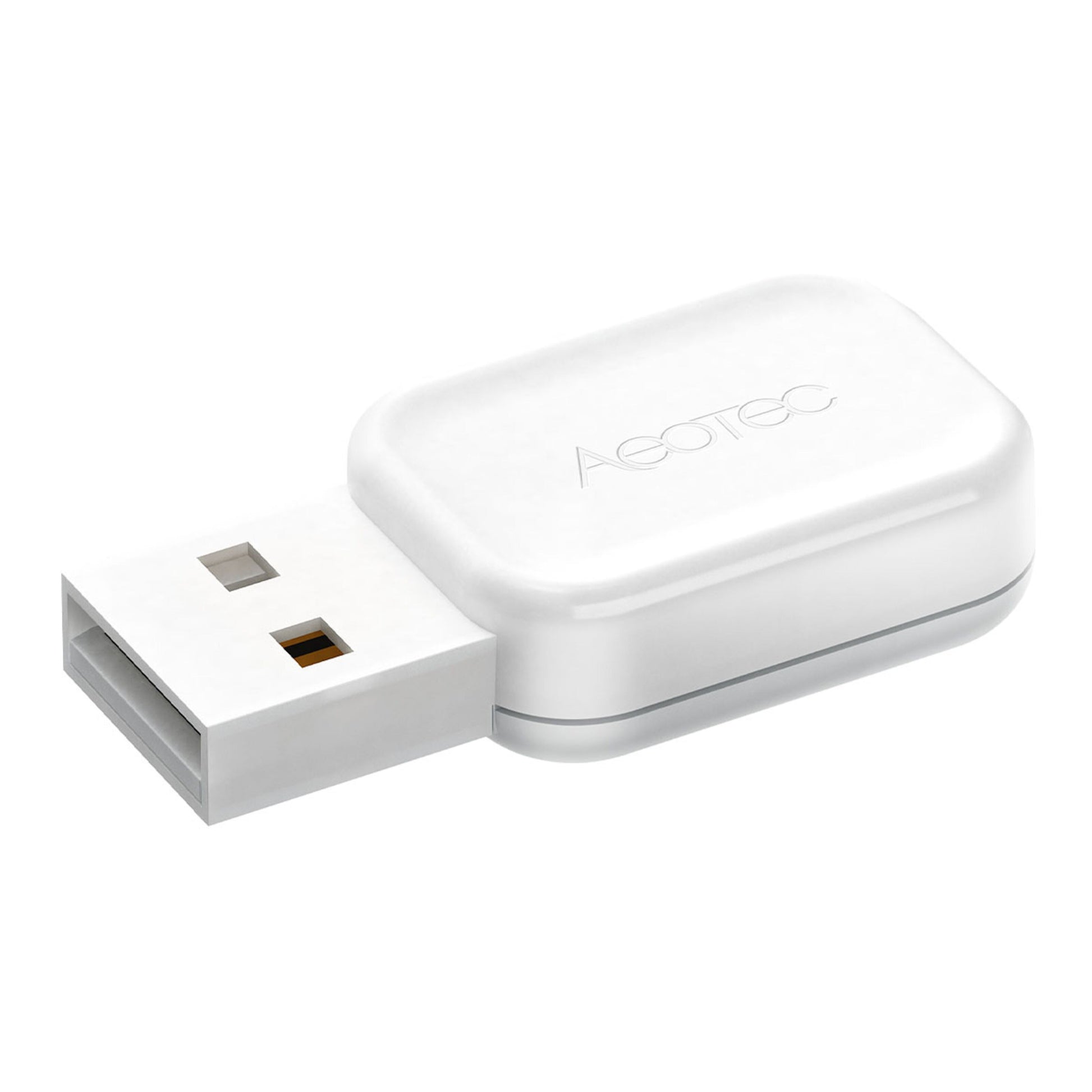 Aeotec Z-Stick gen 7 USB-adapter med rektangulært stik, afrundet krop og Aeotec-logo på toppen.