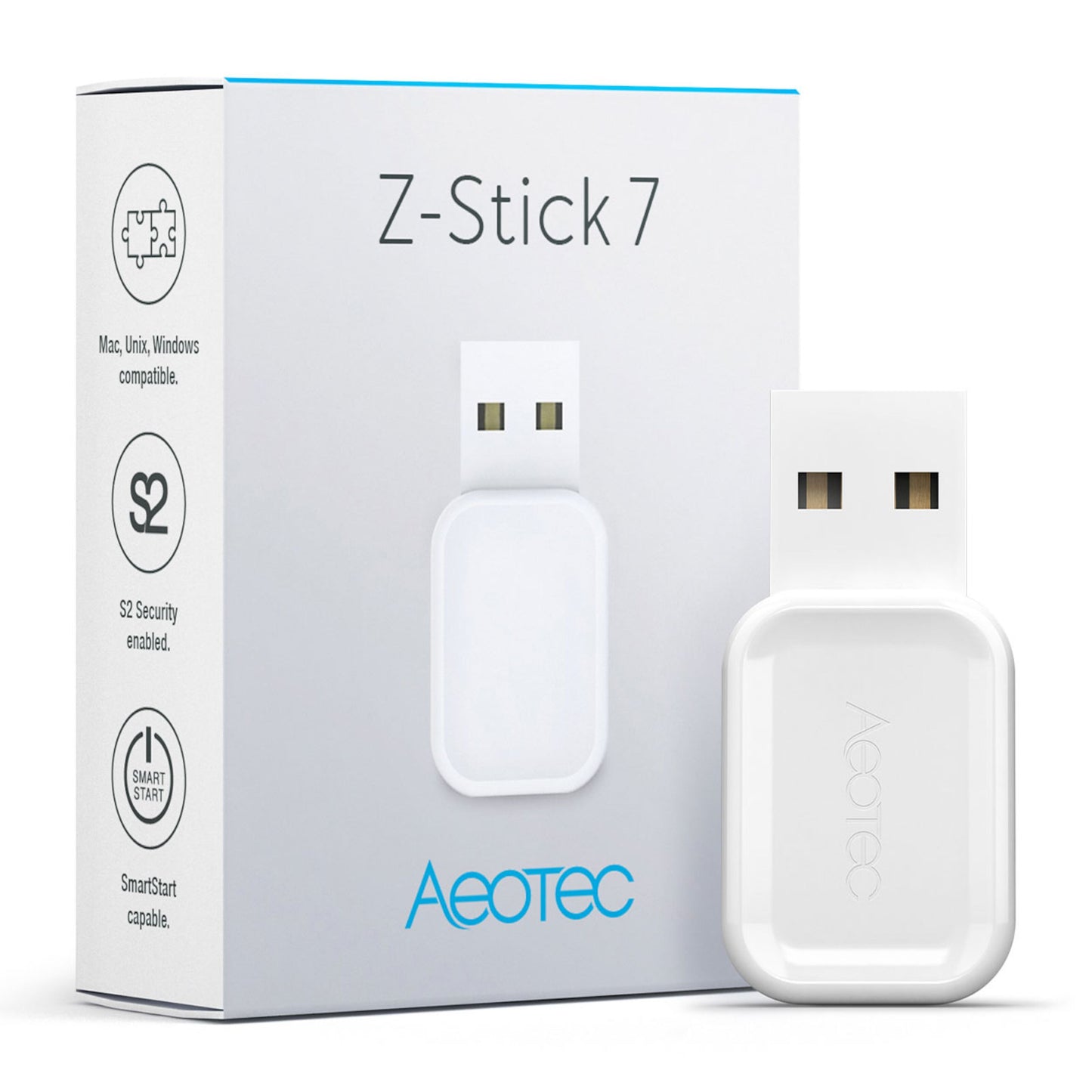Aeotec Z-Stick Gen7 USB-adapter ved siden af æske med modelnavn og kompatibilitetsikoner synlig.