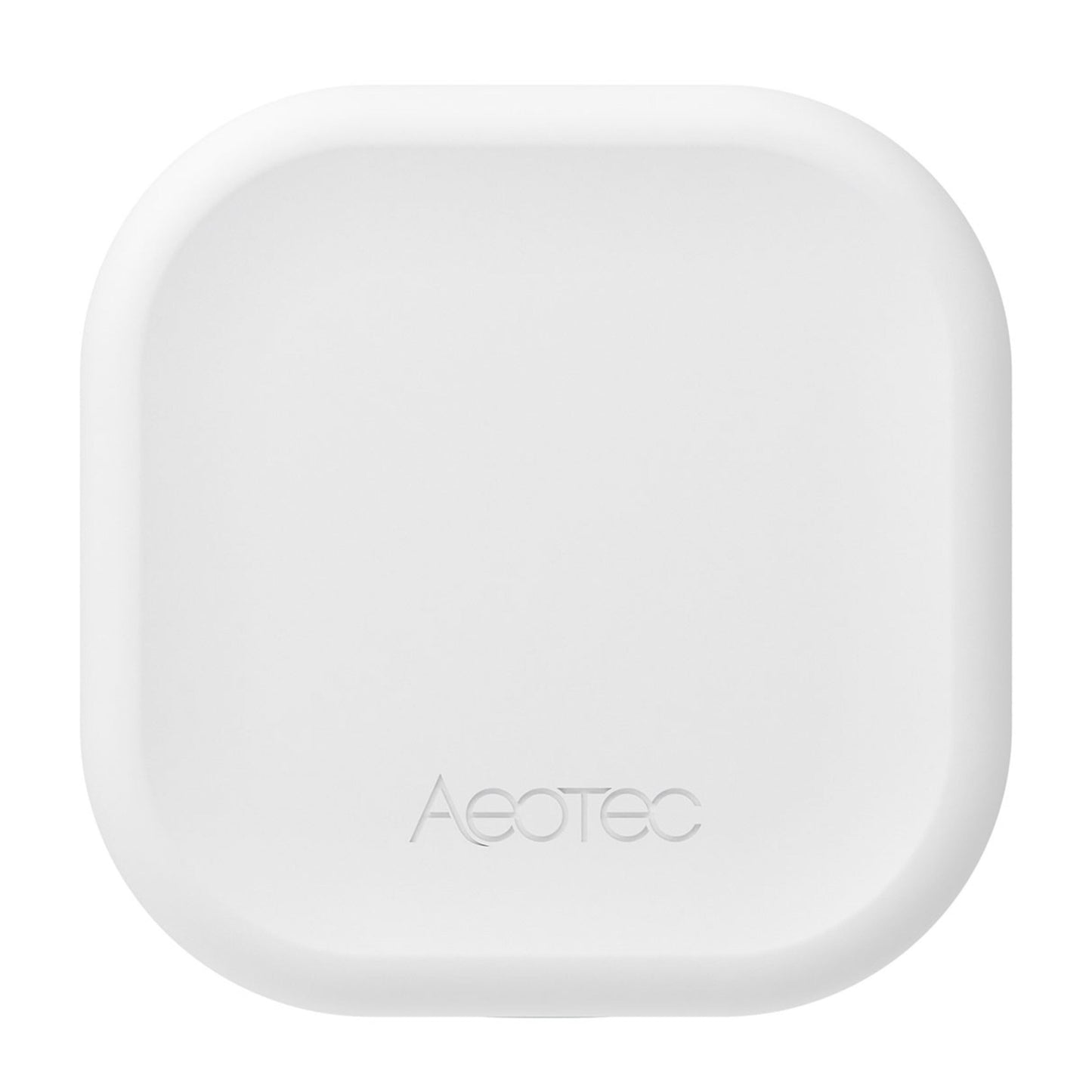 Aeotec Zigbee rækkeviddeforlænger, hvid, afrundet kvadratisk design med Aeotec-logo, kompatibel med Home Assistant.