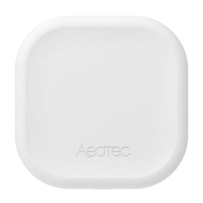 Aeotec Zigbee rækkeviddeforlænger, hvid, afrundet kvadratisk design med Aeotec-logo, kompatibel med Home Assistant.