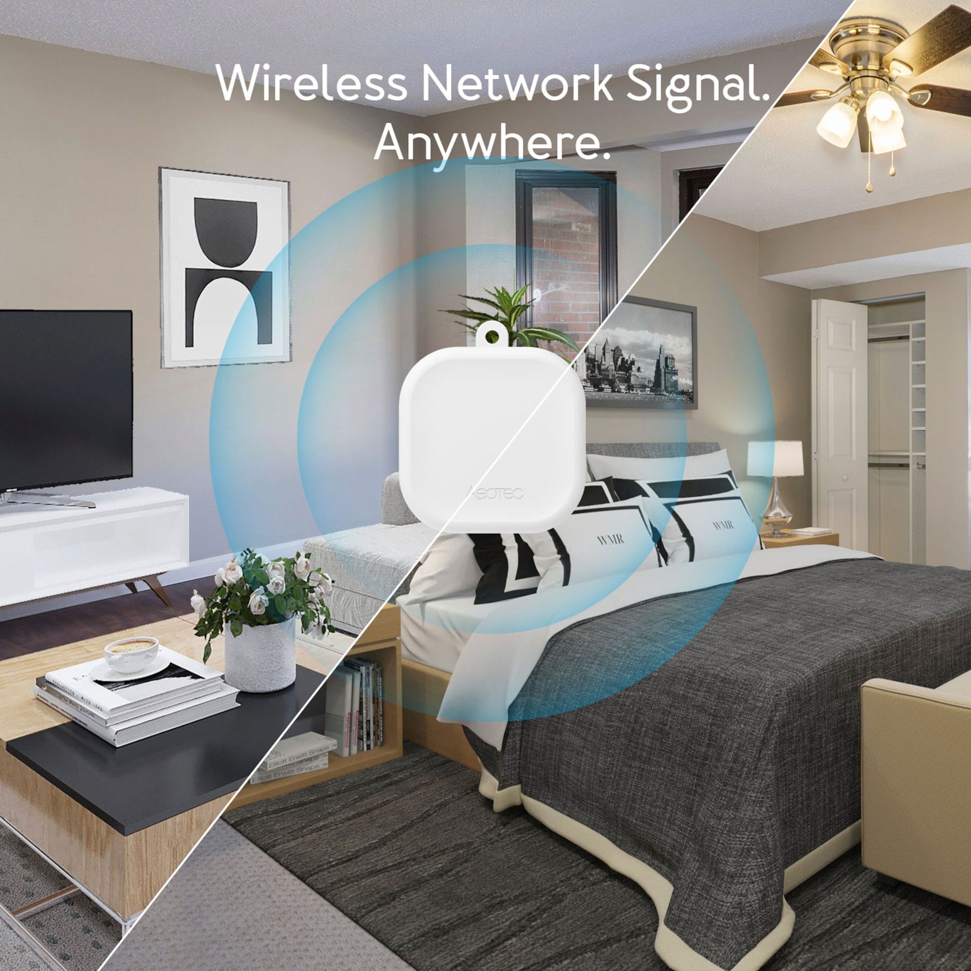 Aeotec Zigbee rækkeviddeforlænger, blå signalbølger, tekst: Trådløst netværkssignal overalt, kompatibel med Home Assistant.